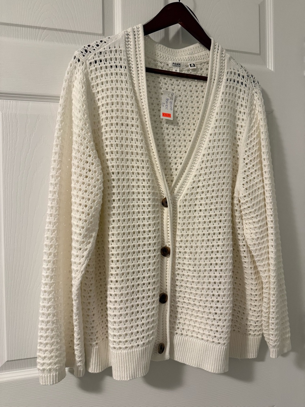 NWT Penningtons PENN 3X 100% Cotton Ivory Open Knit Cardigan Sweater